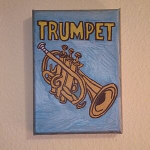 Handpainted Trumpet Canvas Wall Art - Gold & Blue Musical Decor Signed 5x7 New